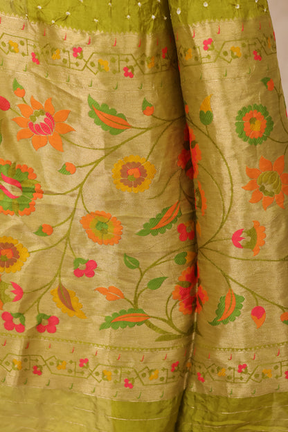 Olive Green Handcrafted Bandhani Paithani Dola Silk Saree | Looms & Tassels