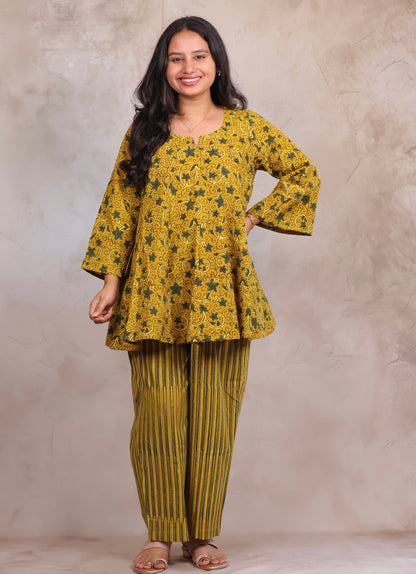 Mustard Yellow Ajrakh Handblock Printed Co-ord Set (Pure Cotton ) | Looms & Tassels