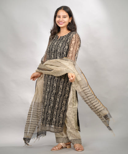 Black Handblock printed kota 3 piece suit (stitched)