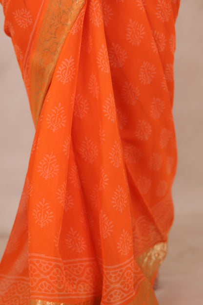 Orange Chiffon Hand Block Printed Saree with Jari Border | Looms & Tassels