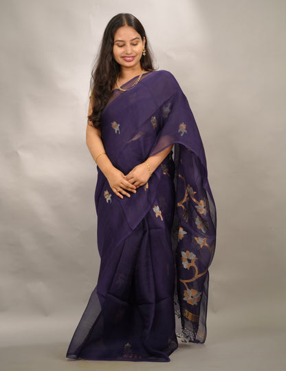 Blue Handloom Muslin Silk Saree With jamdhani weaving | Looms & Tassels