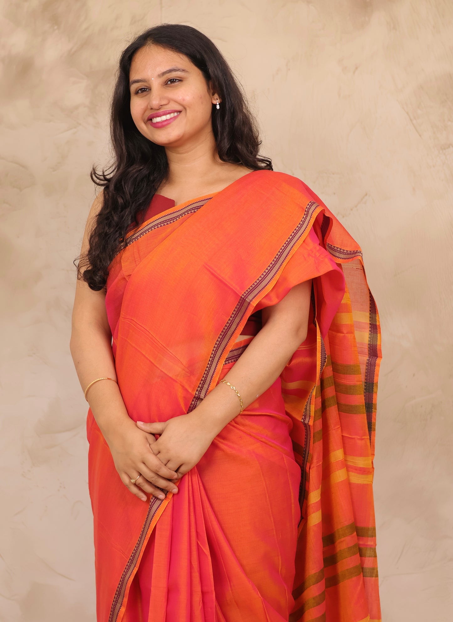 Orange Narayanpet Cotton Saree | Looms & Tassels