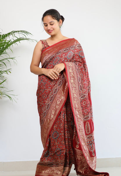 Red Ajrakh Dola Silk Saree