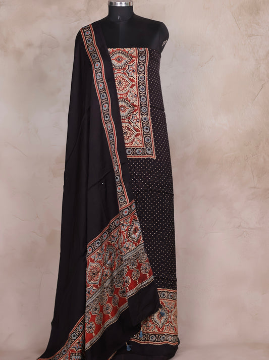 Mirror Work Black Ajrakh Handblock Printed Modal Silk 2 Piece Suit Set | Looms & Tassels