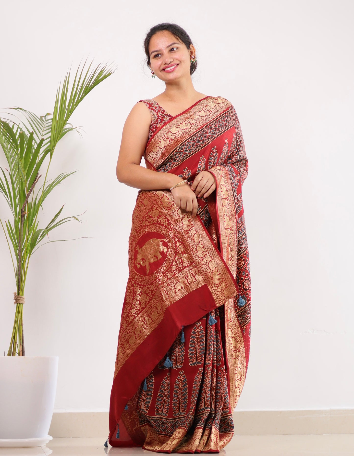 Red Ajrakh Dola Silk Saree