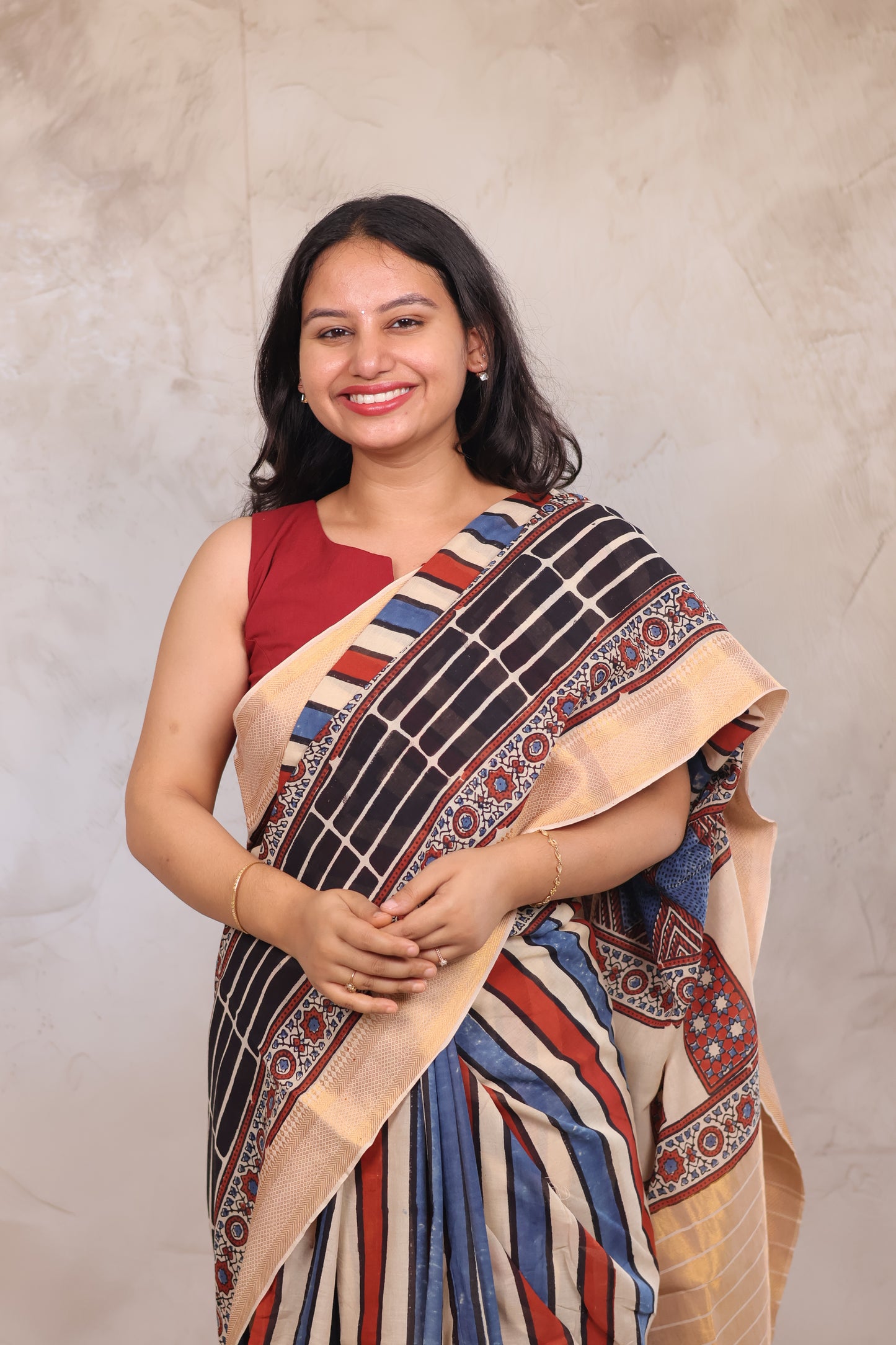 Cream Ajrakh Hand Block Printed Mangalagiri Cotton Saree | Looms & Tassels