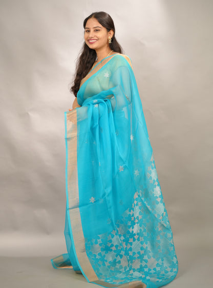 Sky Blue Handloom Muslin Silk Saree With jamdhani weaving | Looms & Tassels