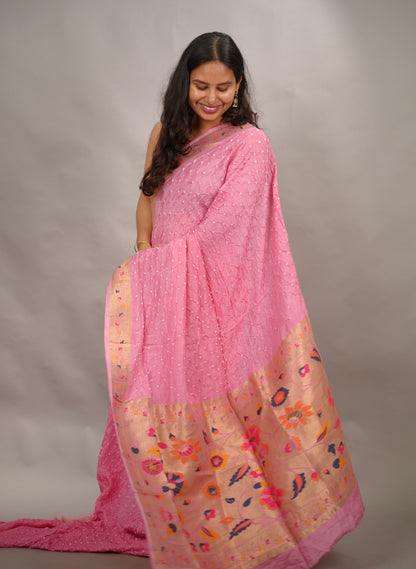 Pink Handcrafted Bandhani Paithani Dola Silk Saree | Looms & Tassels