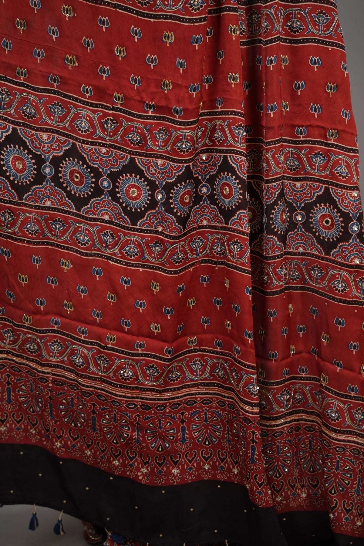 Maroon Ajrakh Modal Silk Hand Embroidery Saree  | Looms & Tassels