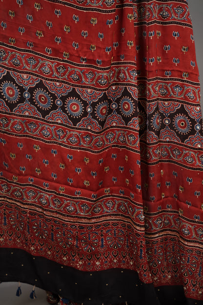 Maroon Ajrakh Modal Silk Hand Embroidery Saree  | Looms & Tassels