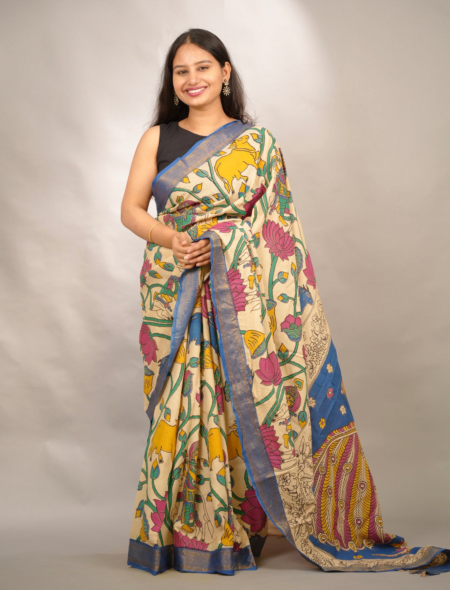 Cream Kalamkari Nizam Border Chennur Silk Saree | Looms & Tassels