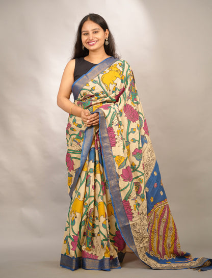 Cream Kalamkari Nizam Border Chennur Silk Saree | Looms & Tassels
