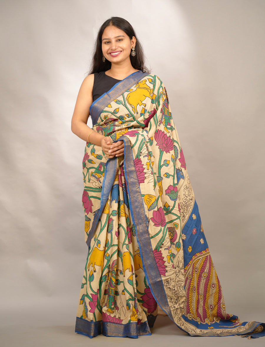 Cream Kalamkari Nizam Border Chennur Silk Saree | Looms & Tassels