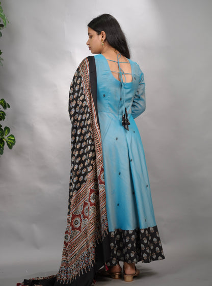 Sky Blue Ajrakh Patch Work Narayanpet Cotton Anarkali Dress with Ajrakh Modal Silk Dupatta | Looms & Tassels