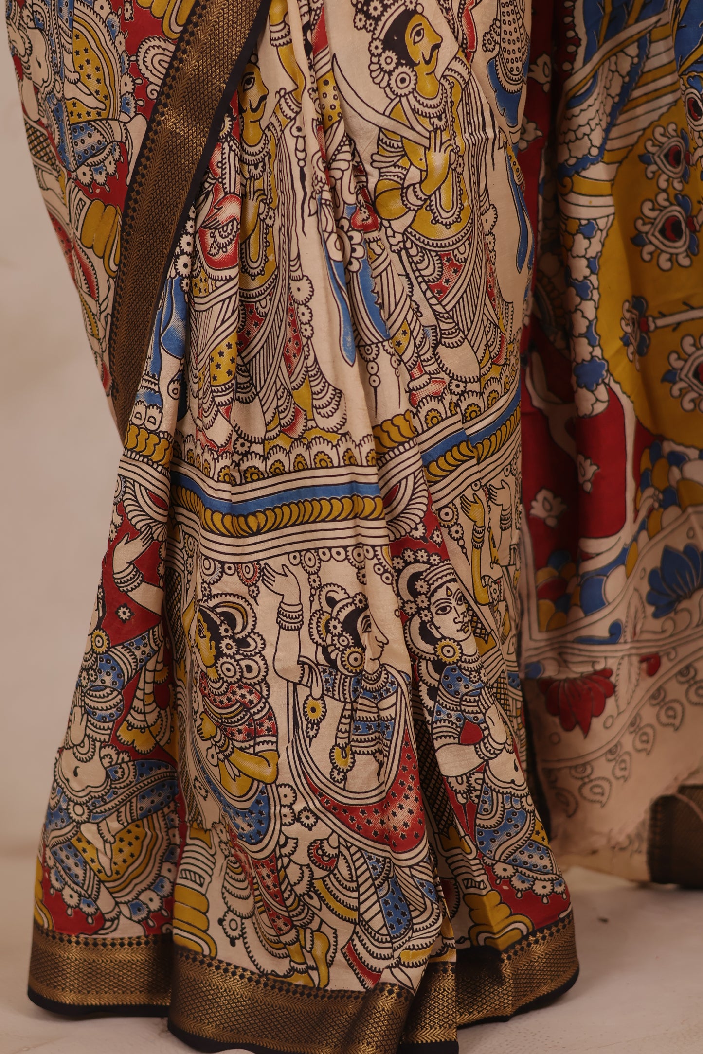 Cream Story Telling Kalamkari Nizam Border Chennur Silk Saree | Looms & Tassels