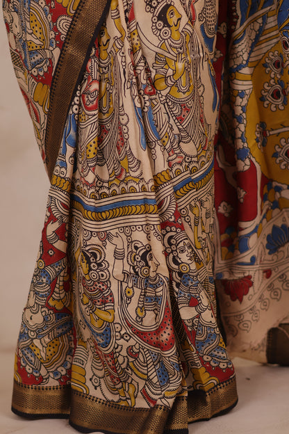 Cream Story Telling Kalamkari Nizam Border Chennur Silk Saree | Looms & Tassels