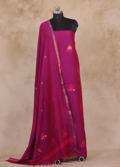 Magenta Pink Handwoven Jamdhani weaving pure Mercerised Malai cotton 2 piece suit sets | Looms & Tassels