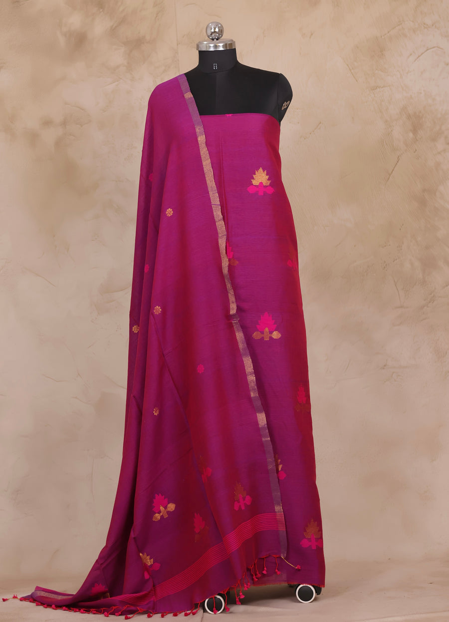 Magenta Pink Handwoven Jamdhani weaving pure Mercerised Malai cotton 2 piece suit sets | Looms & Tassels
