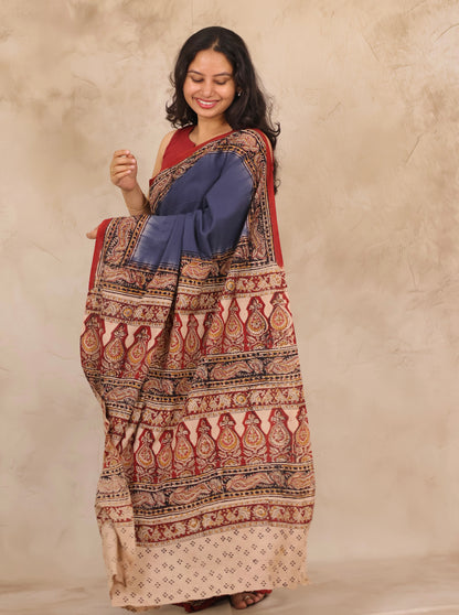 Blue Hand Block Printed Kalamkari Cotton Saree | Looms & Tassels