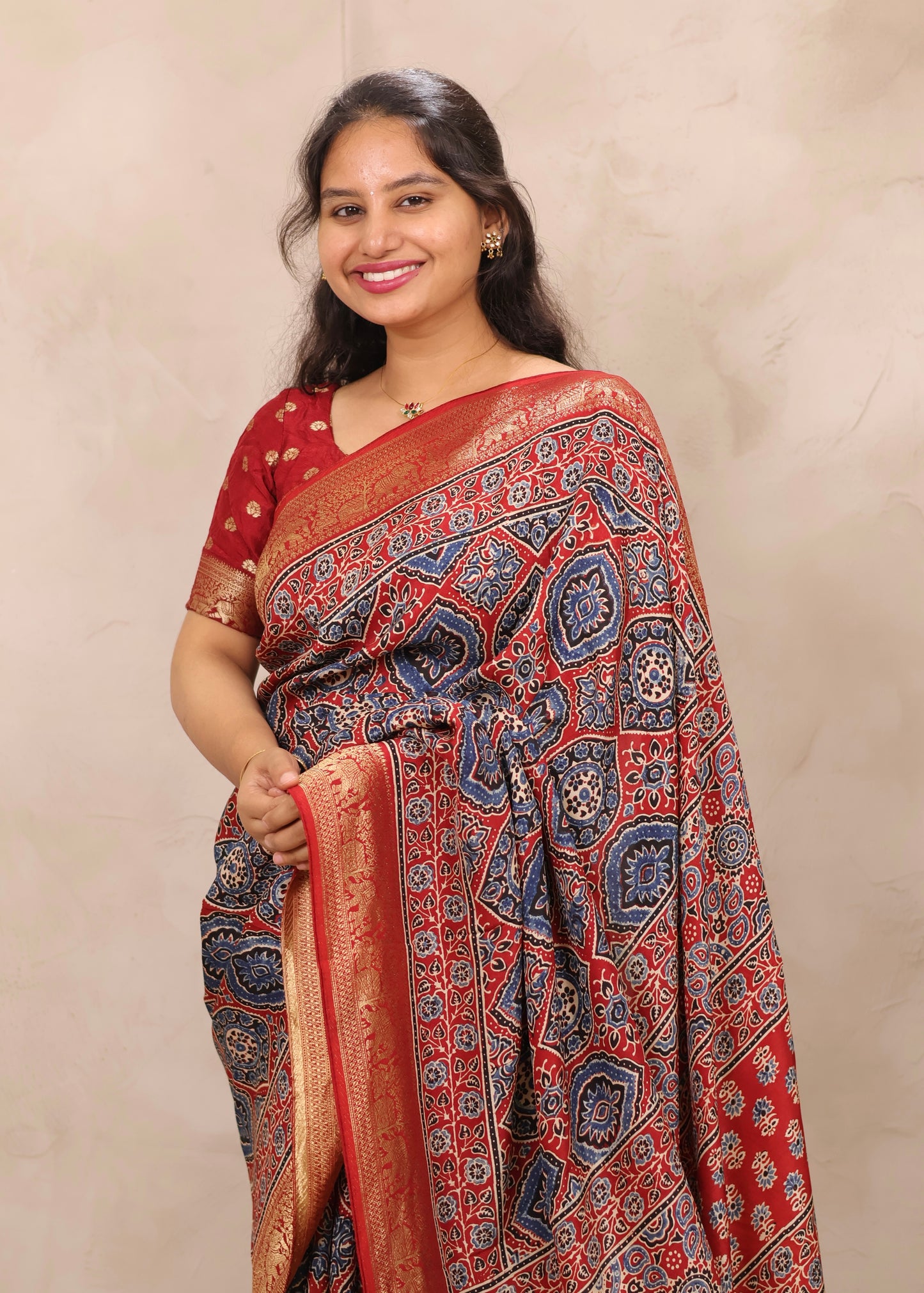 Red Badam Butta Ajrakh Handblock printed Dola Silk Saree | Looms & Tassels