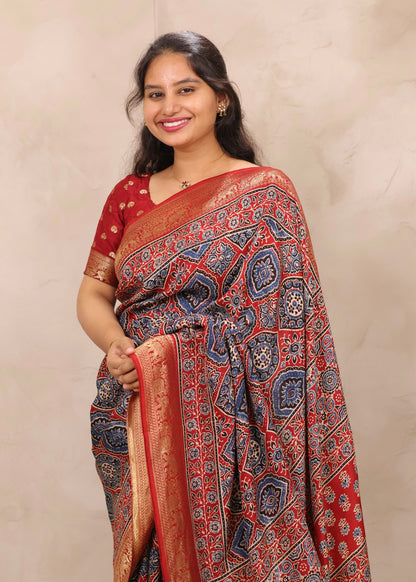 Red Badam Butta Ajrakh Handblock printed Dola Silk Saree | Looms & Tassels