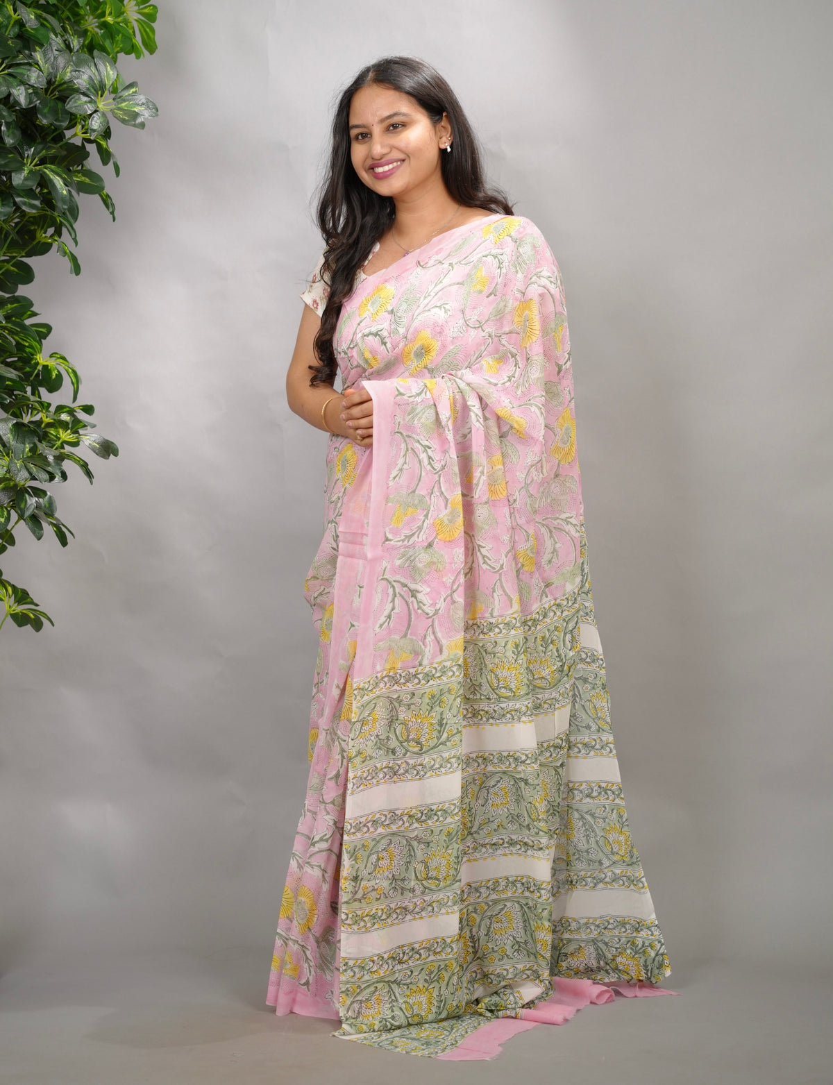 Pastel Pink Georgette Hand Block Printed Saree| Looms & Tassels