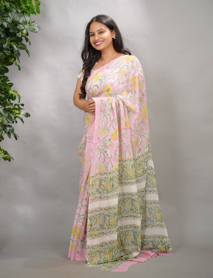 Pastel Pink Georgette Hand Block Printed Saree| Looms & Tassels