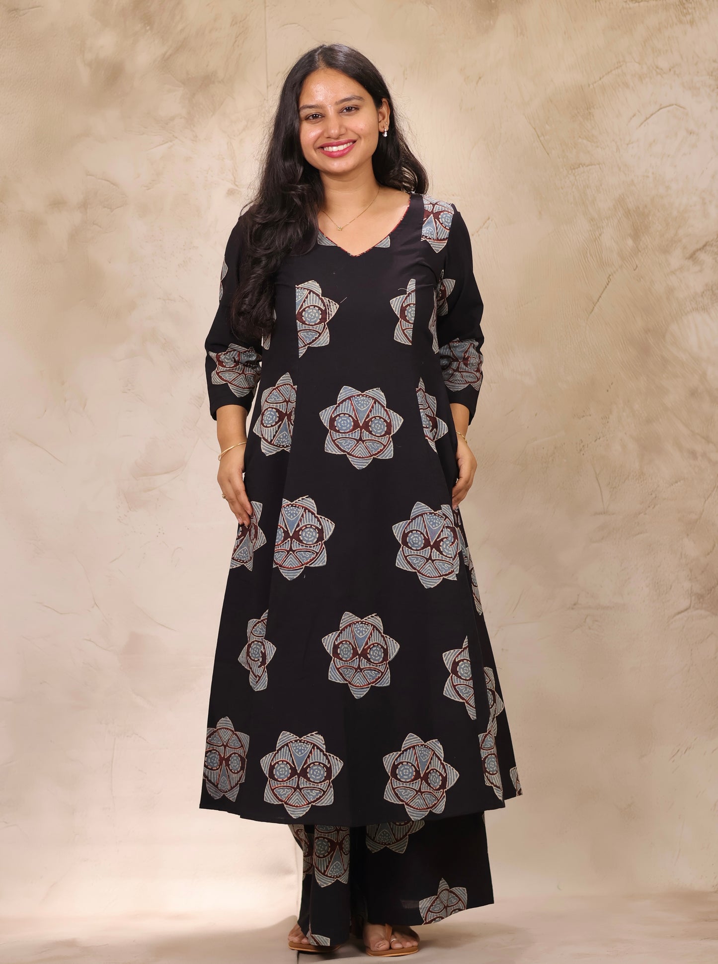 Black Ajrakh Handblock Printed Kali Kurti Co-ord Set (Pure Cotton ) | Looms & Tassels