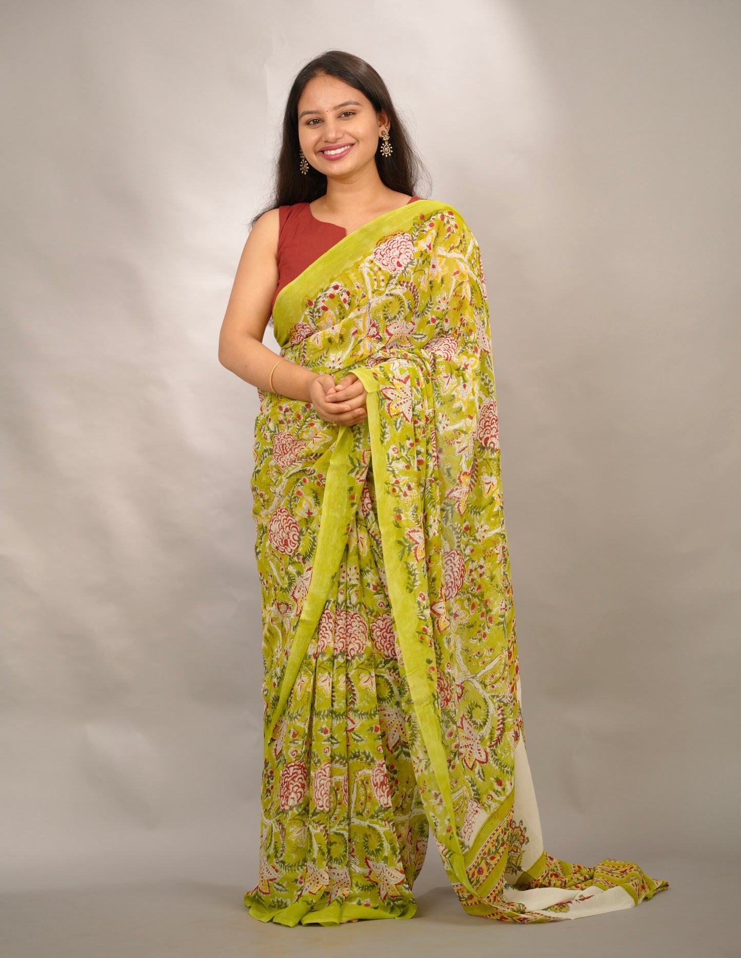 Parrot Green Georgette Hand Block Printed Saree| Looms & Tassels