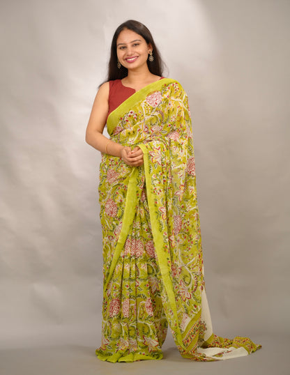 Parrot Green Georgette Hand Block Printed Saree| Looms & Tassels