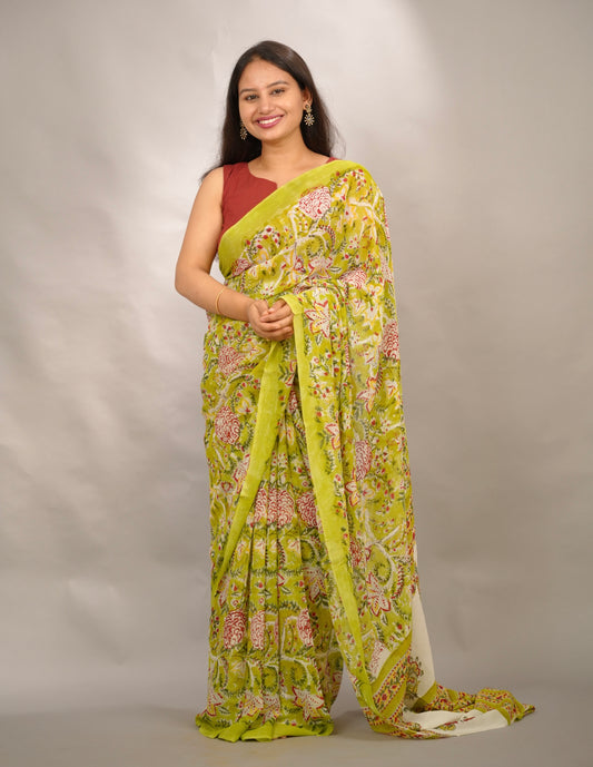 Parrot Green Georgette Hand Block Printed Saree| Looms & Tassels