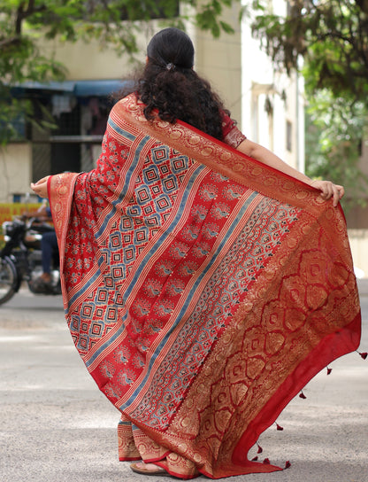 Red Ajrakh Dola Silk Saree