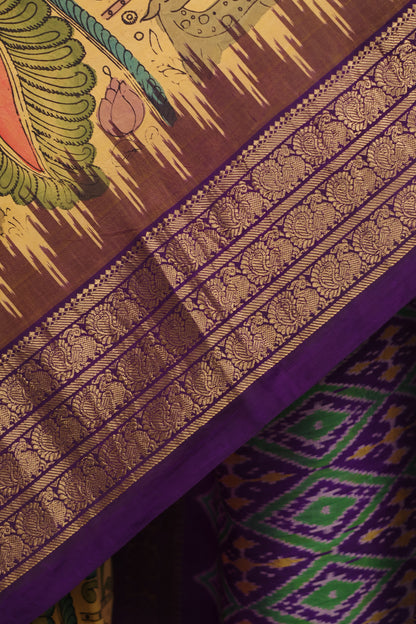 Yellow Kanchi Pattu Hand Painted Pen Kalamkari Saree