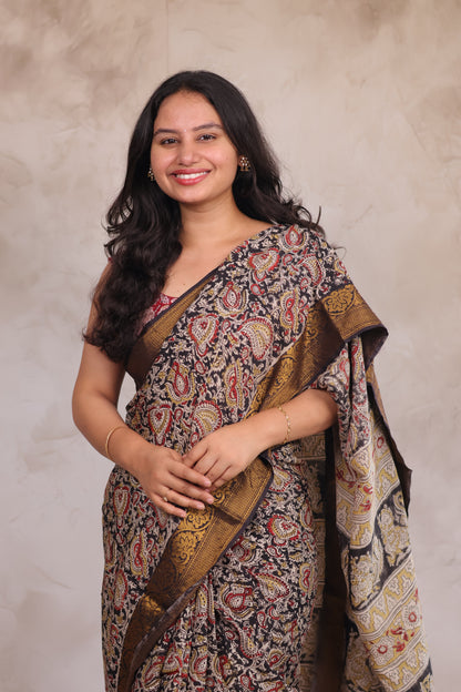 Black Hand Block Printed Kalamkari Kanchi Border Silk Saree