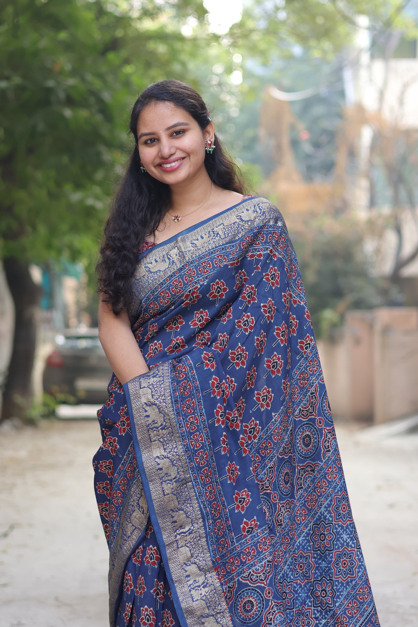Indigo Lotus Butta Ajrakh Handblock Printed Dola Silk Saree