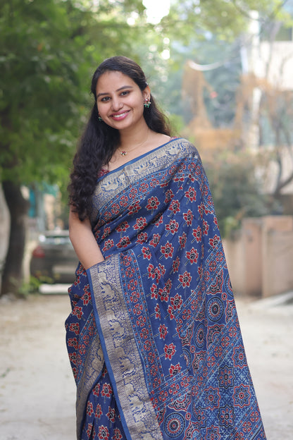 Indigo Lotus Butta Ajrakh Handblock Printed Dola Silk Saree
