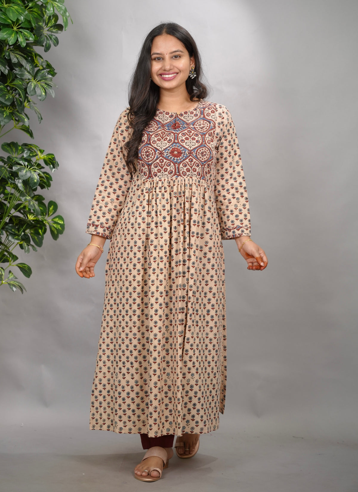 Cream Ajrakh Cotton Patchwork Aline Kurta | Looms & Tassels
