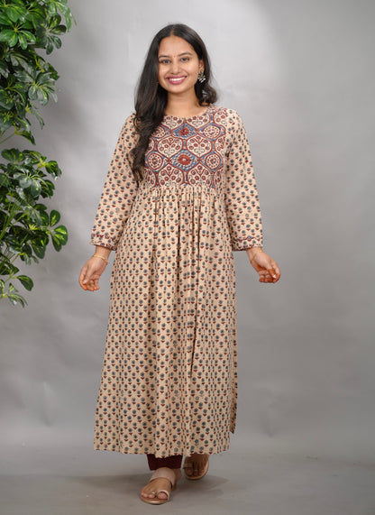 Cream Ajrakh Cotton Patchwork Aline Kurta | Looms & Tassels