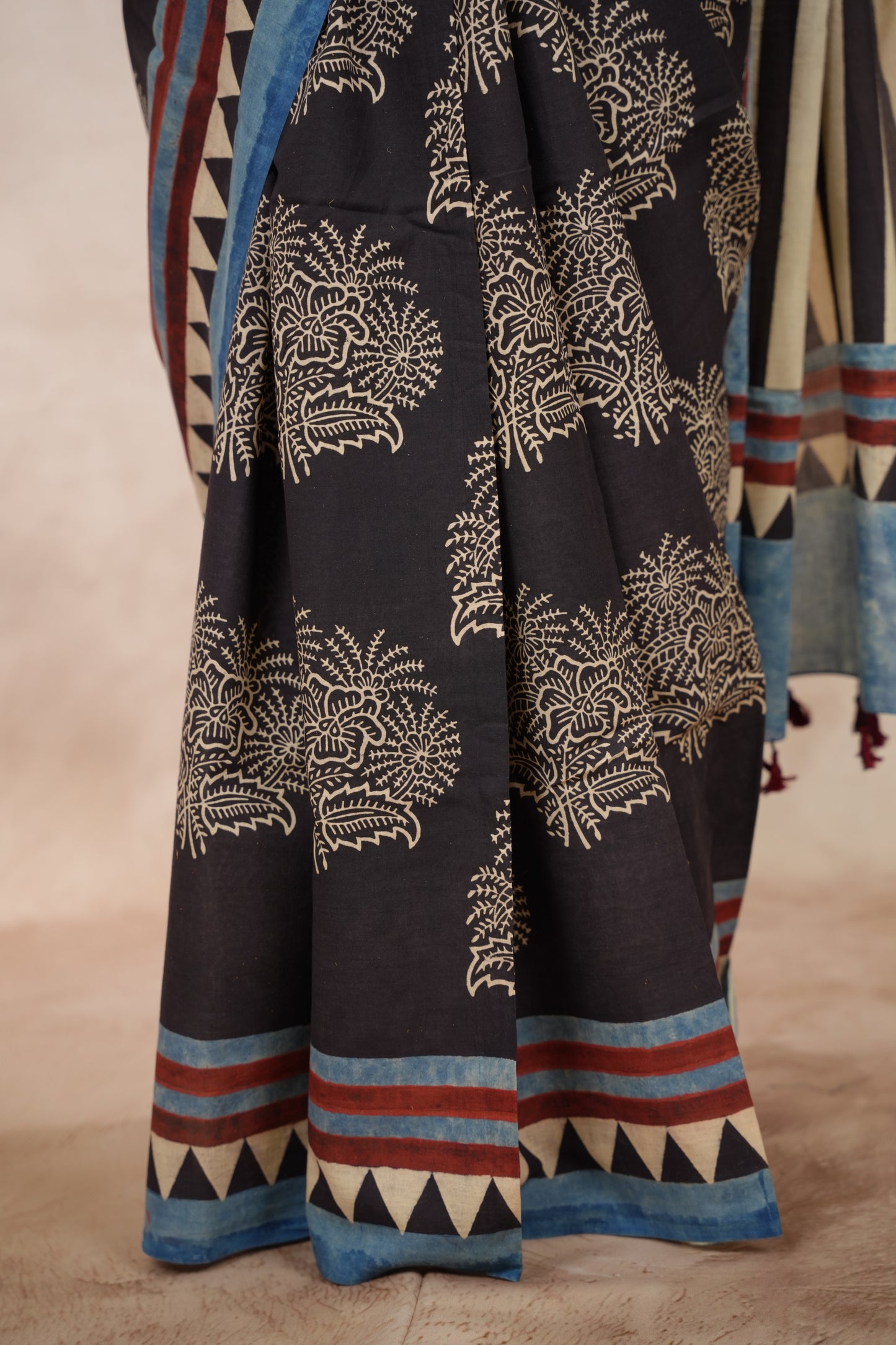 Black Ajrakh Hand Block Printed Cotton Saree | Looms & Tassels
