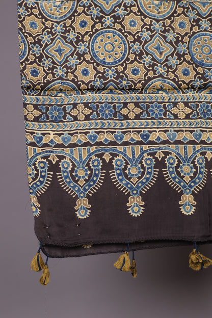 Black Ajrakh Hand Block Printed Modal Silk Stole | Looms & Tassels