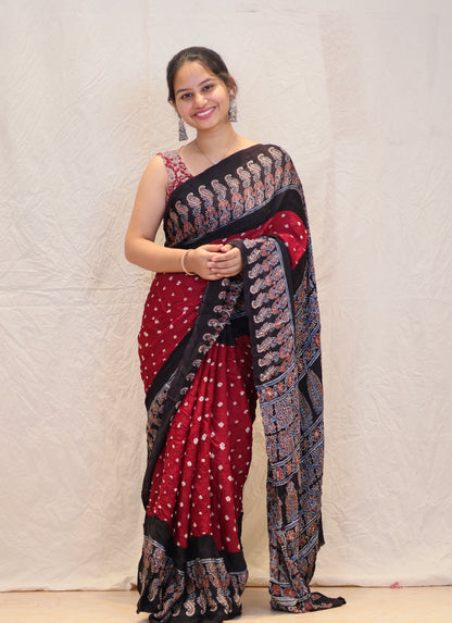 Maroon Ajrakh Bandhej Modal Silk Saree