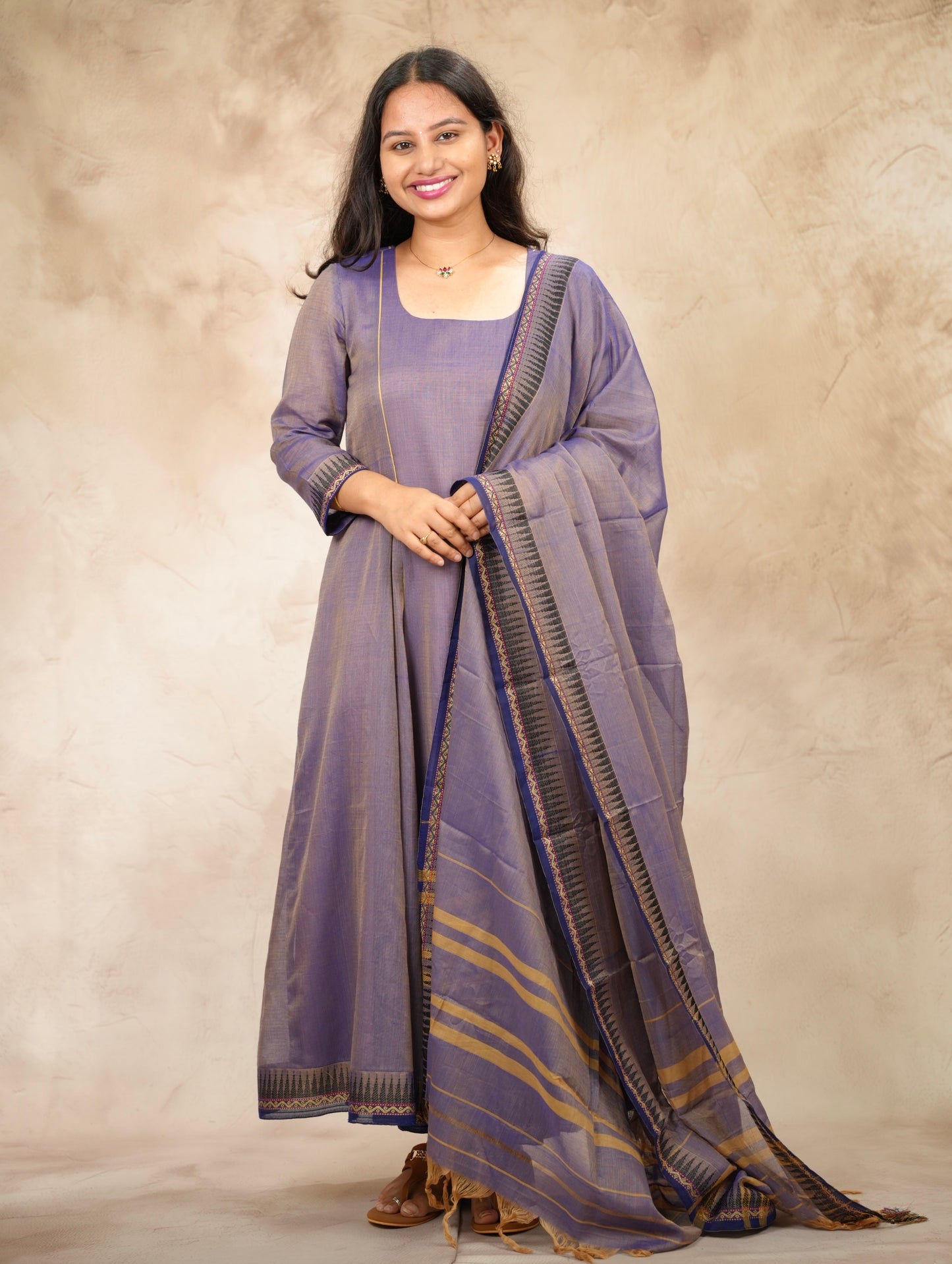 Lavender Narayanpet Cotton Anarkali Dress with Narayanpet Dupatta | Looms & Tassels