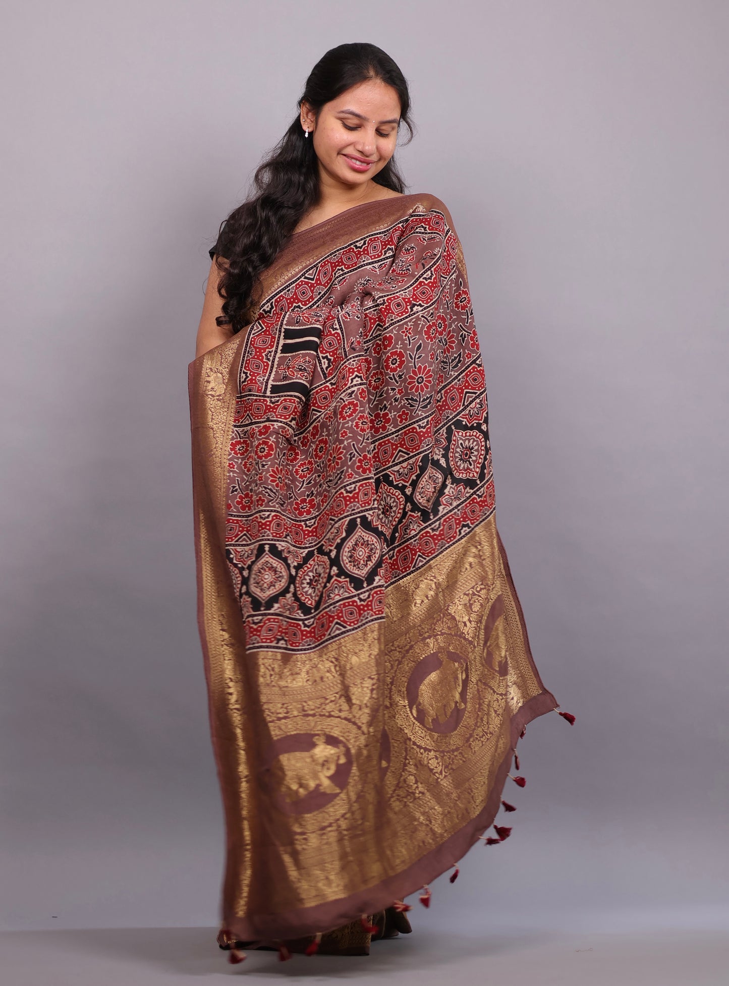 Brown Flower Butta Authentic Ajrakh Hand Block printed  Dola Silk Saree | Looms & Tassels