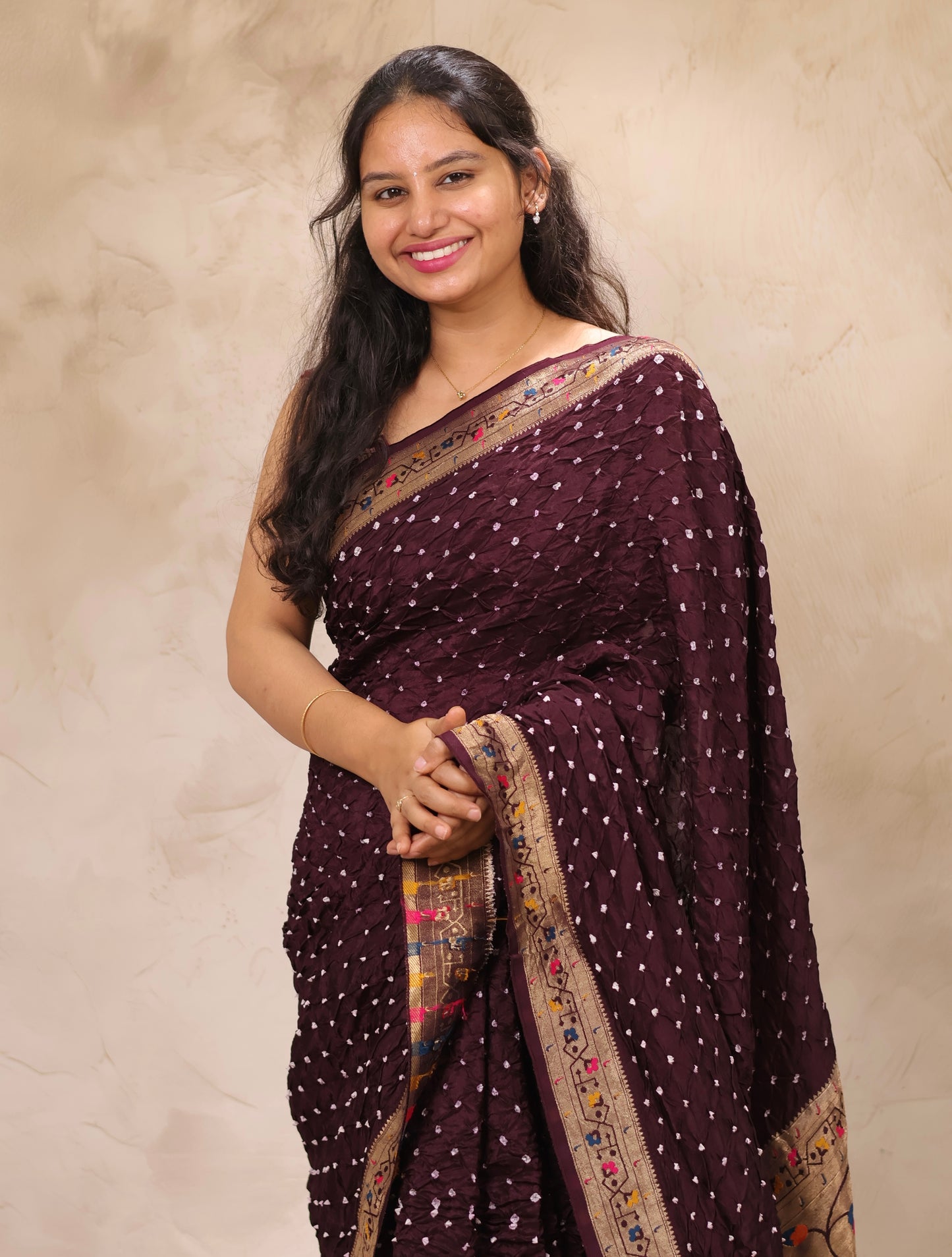 Deep purple Handcrafted Bandhani Paithani Dola Silk Saree | Looms & Tassels