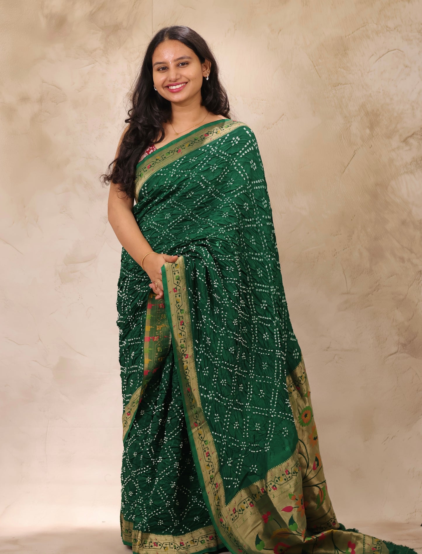 Green Handcrafted Pattern Bandhani Paithani Dola Silk Saree | Looms & Tassels