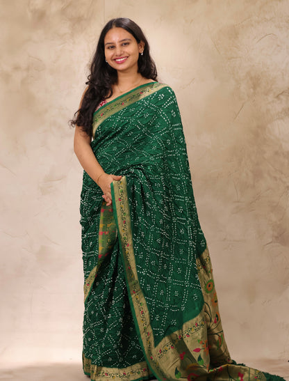 Green Handcrafted Pattern Bandhani Paithani Dola Silk Saree | Looms & Tassels