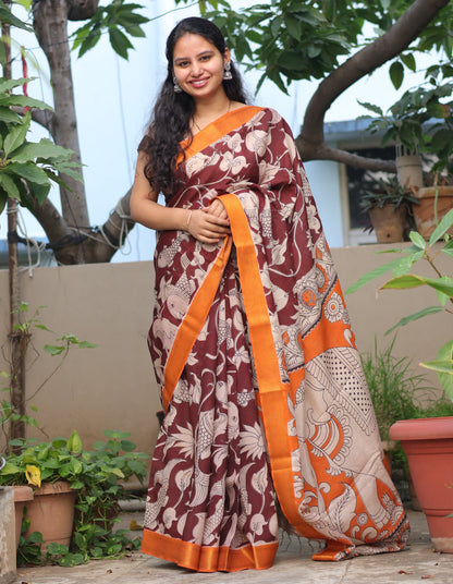 Brown Floral & Fish Kalamkari Silk Handcrafted Nizam Border Saree