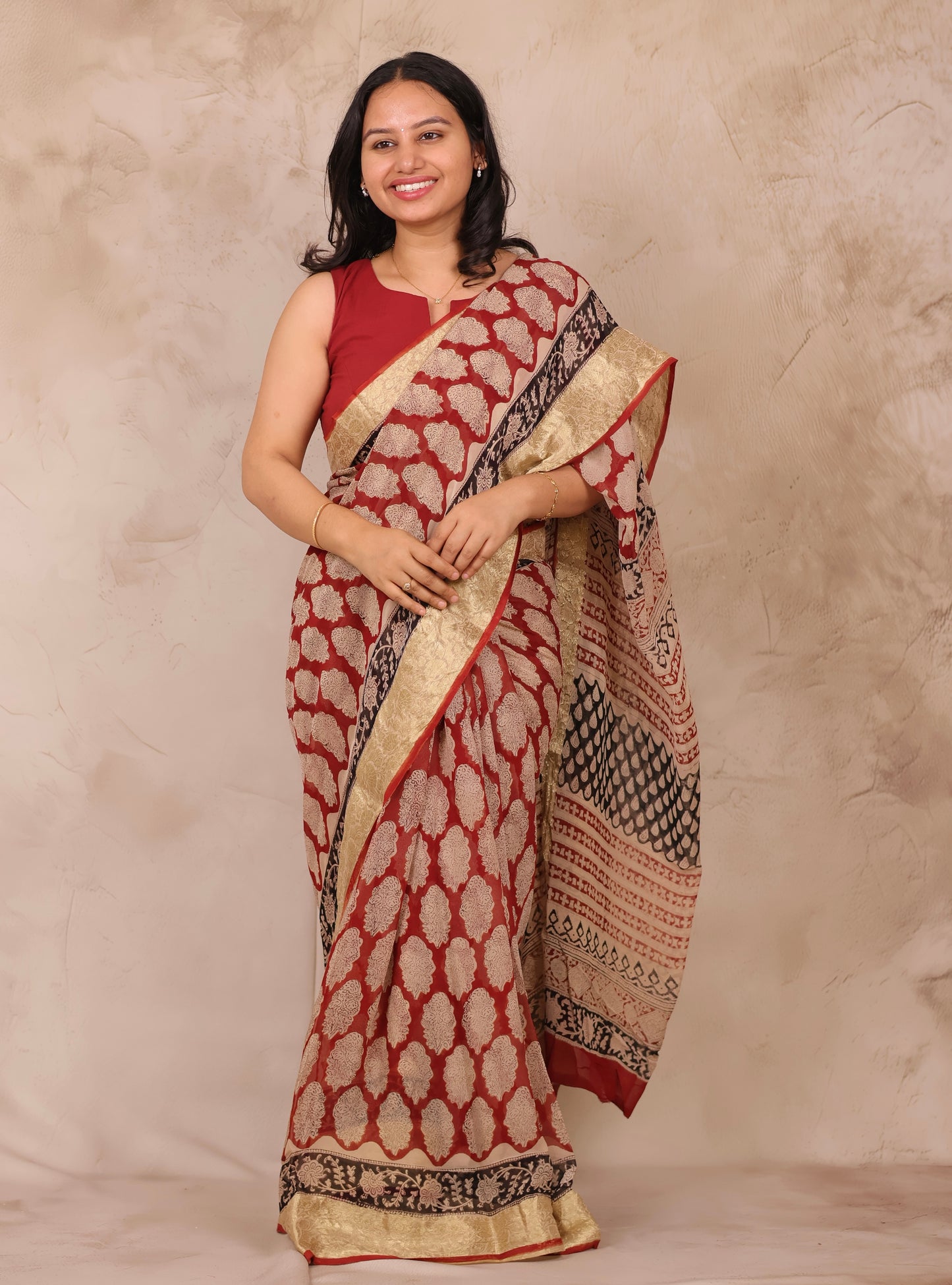 Maroon Chiffon Hand Block Printed Saree with Jari Border | Looms & Tassels