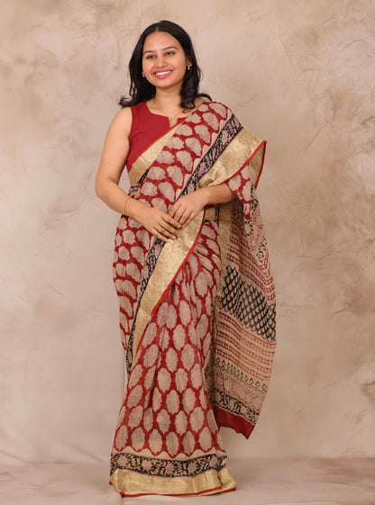 Maroon Chiffon Hand Block Printed Saree with Jari Border | Looms & Tassels