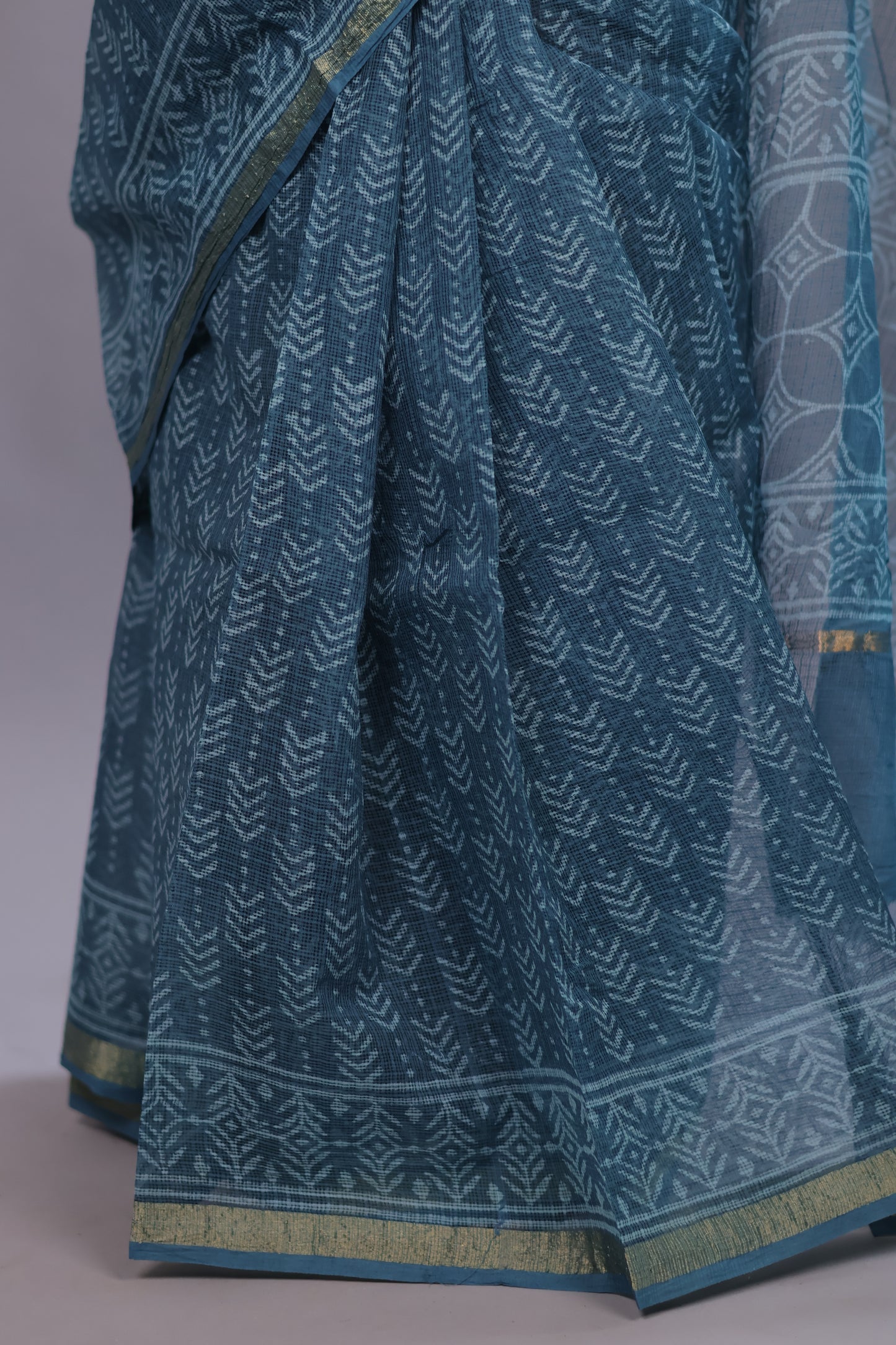 Pure Kota Doria Saree with Bagru Handblock Prints – Teal Blue | Looms&Tassels